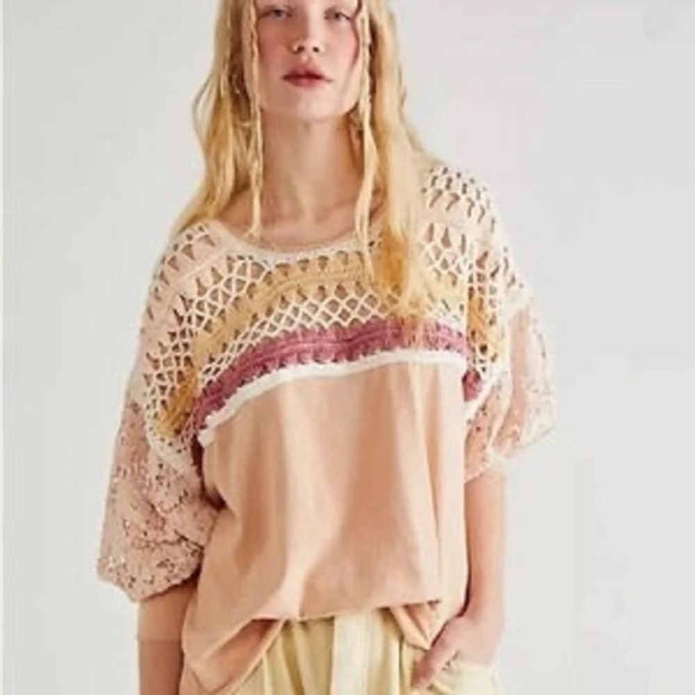 Free People Crochet Long Sleeve Top Women Large Peach Excellent Boho Bohemian